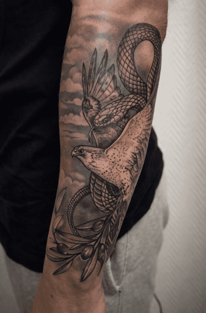 Tatouage sur l'avant-bras représentant un faucon, un serpent et un rameau d'olivier sur fond de ciel nuageux, symbolisant le conflit et la paix.